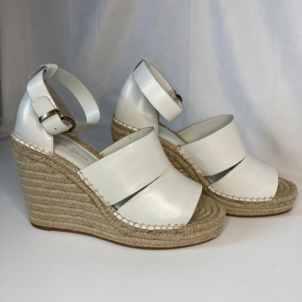 Treasure & Bond Wedge Espadrilles Size 8.5 White Leather with Silver Buckles.